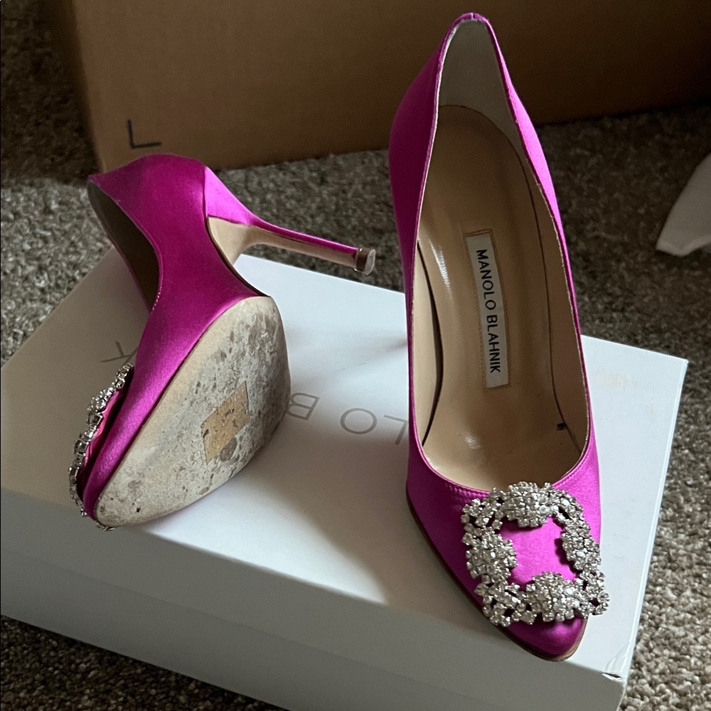 Manolo Blahnik Hot Pink Satin Pumps with Crystal Buckles - Picture 4 of 5